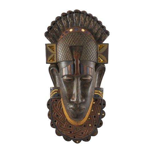 Brown Polystone Primitive African Mask Sculpture 12" x 4" x 24"